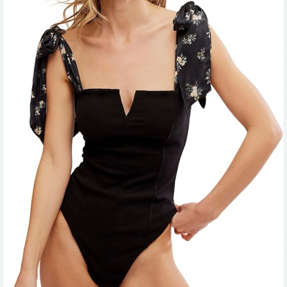 Free People Black Bodysuit with Floral Tie Straps
